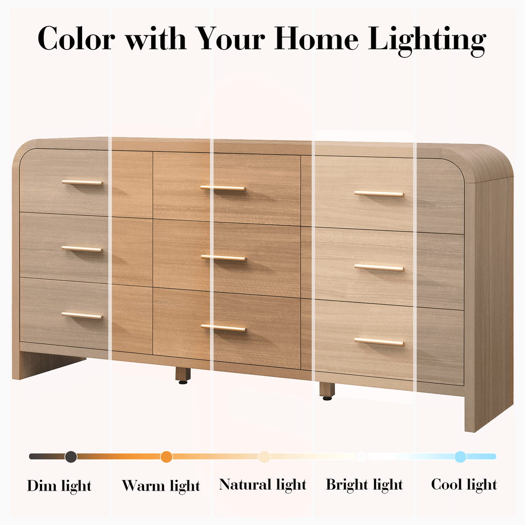 Vintagearth 9 Drawer Dresser for Bedroom, Curved 1.18" Thick FSC Certified Wood, Oak