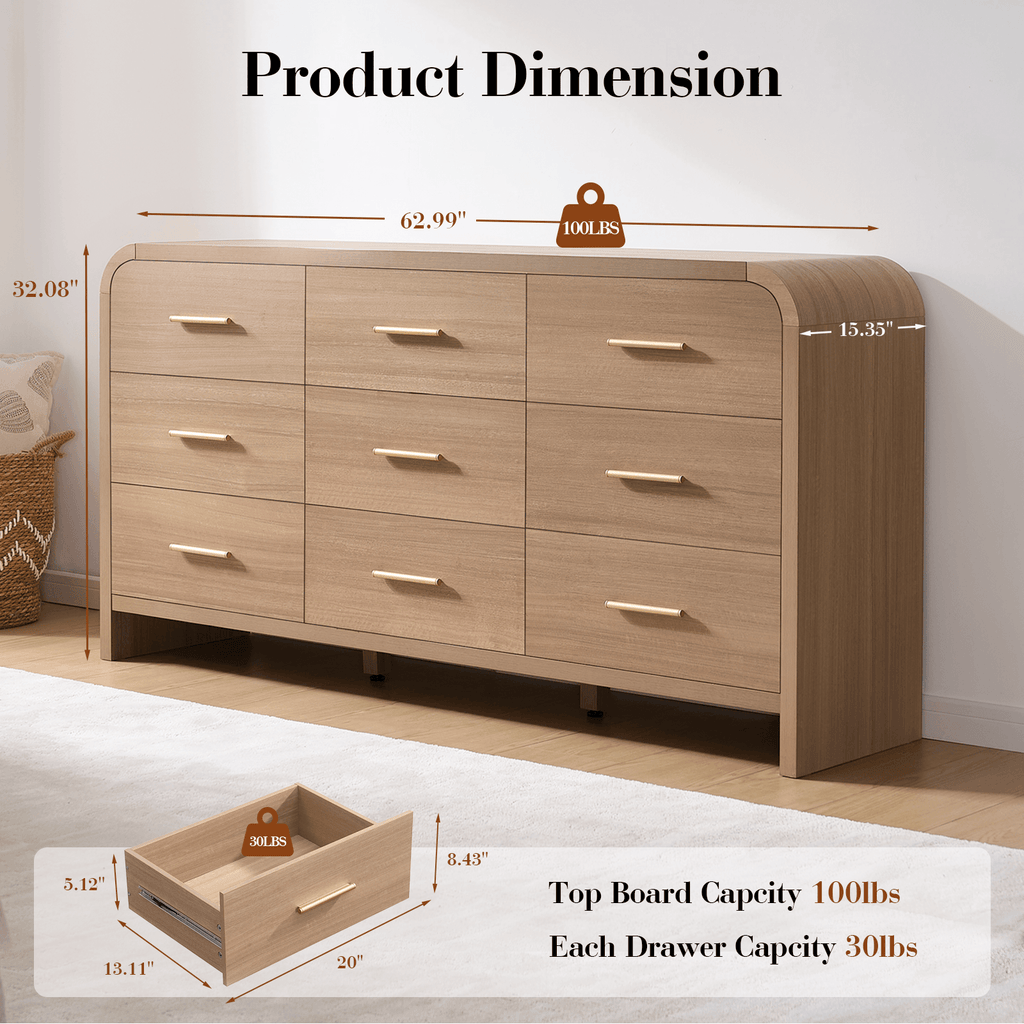 Vintagearth 9 Drawer Dresser for Bedroom, Curved 1.18" Thick FSC Certified Wood, Oak