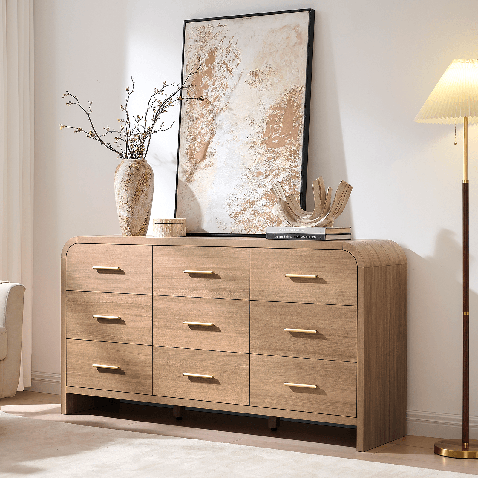 Vintagearth 9 Drawer Dresser for Bedroom, Curved 1.18" Thick FSC Certified Wood, Oak