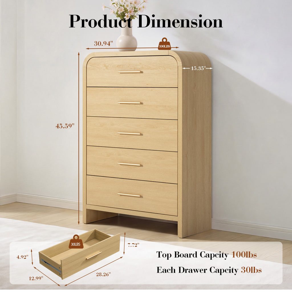 Vintagearth 5 Drawers Dresser for Bedroom, Curved 45.6" Tall FSC-certified Wood 1.18" Thick Board Dressers & Chests of Drawers for Living Room, Hallway, Entryway, Golden Oak