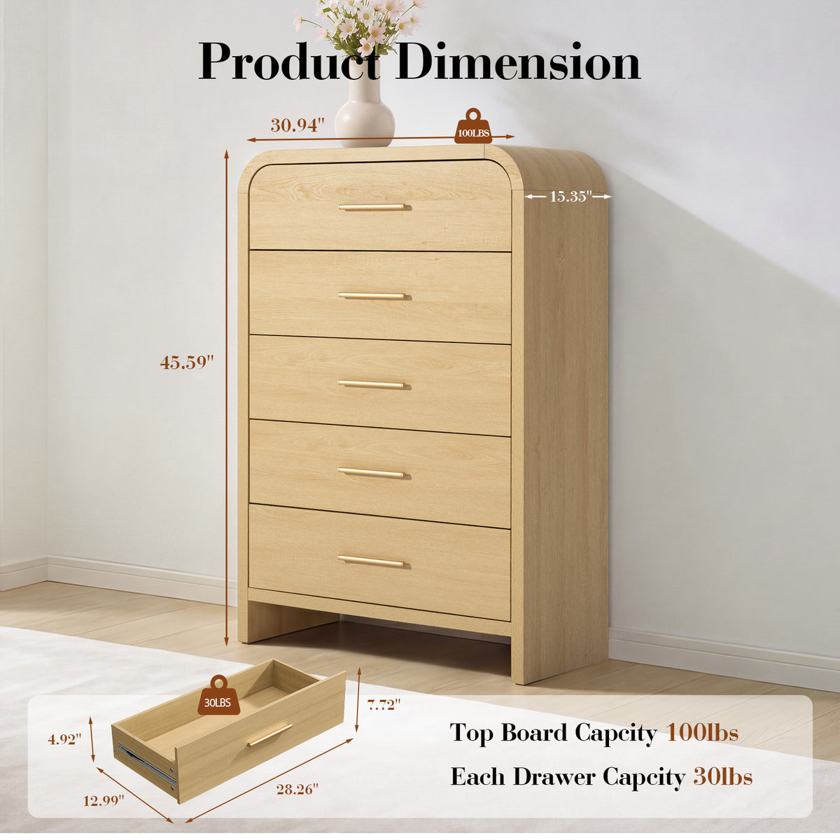 Vintagearth 5 Drawers Dresser for Bedroom, Curved 45.6" Tall FSC-certified Wood 1.18" Thick Board Dressers & Chests of Drawers for Living Room, Hallway, Entryway, Golden Oak