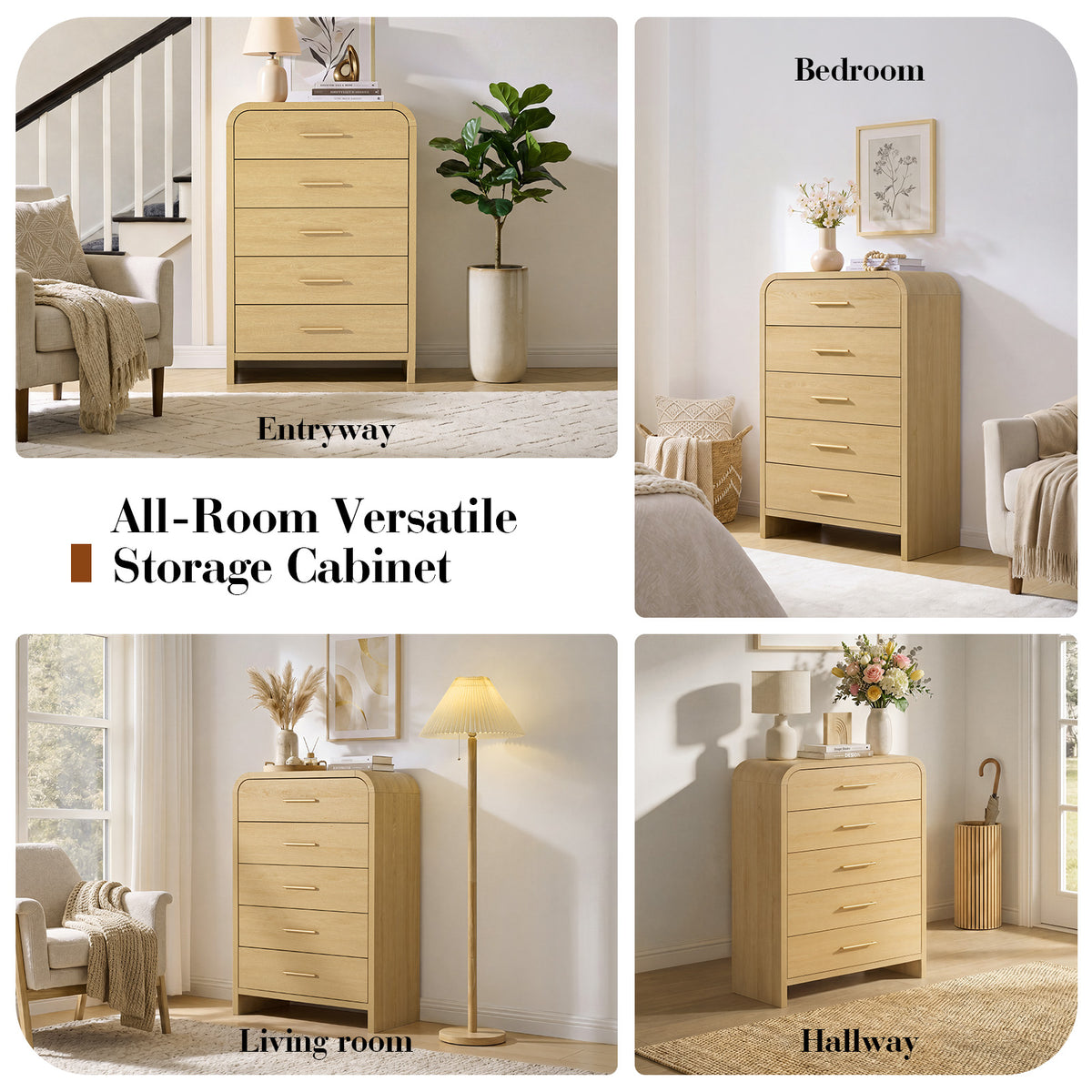 Vintagearth 5 Drawers Dresser for Bedroom, Curved 45.6" Tall FSC-certified Wood 1.18" Thick Board Dressers & Chests of Drawers for Living Room, Hallway, Entryway, Golden Oak