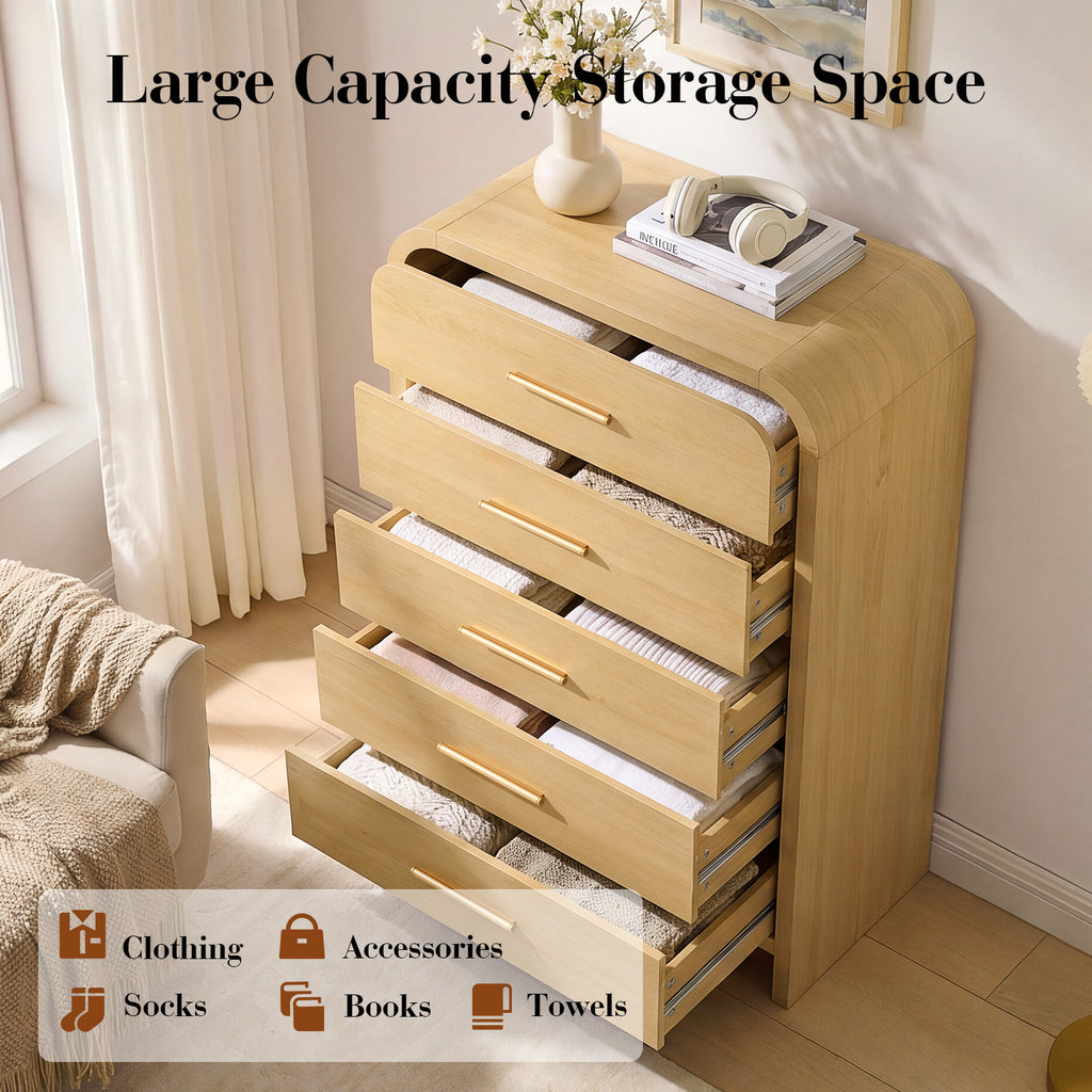 Vintagearth 5 Drawers Dresser for Bedroom, Curved 45.6" Tall FSC-certified Wood 1.18" Thick Board Dressers & Chests of Drawers for Living Room, Hallway, Entryway, Golden Oak
