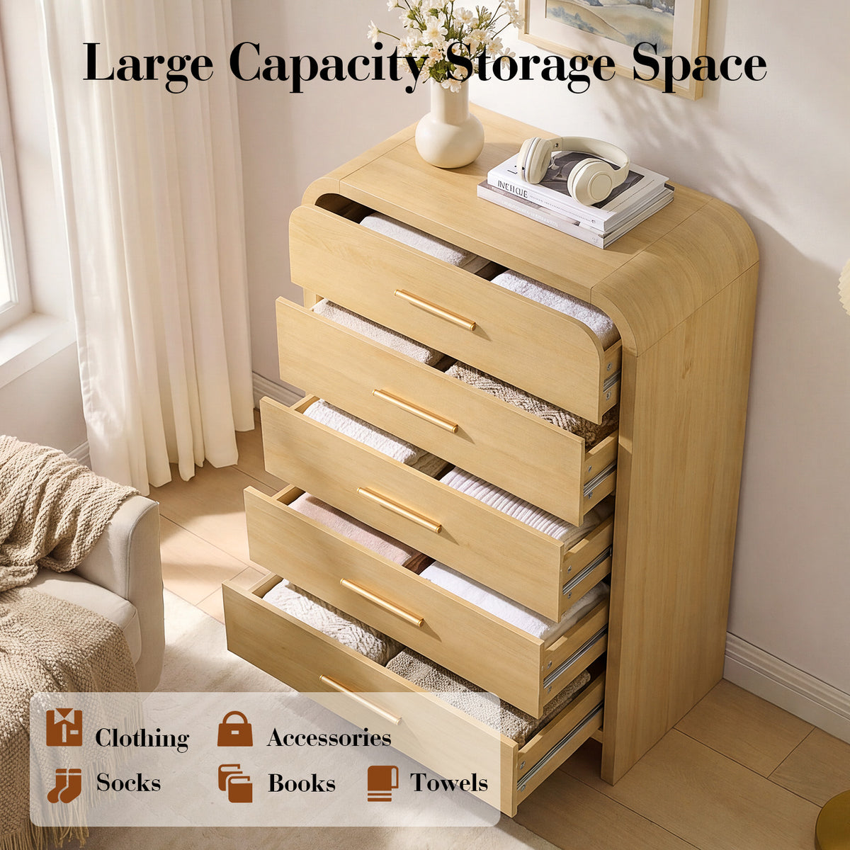 Vintagearth 5 Drawers Dresser for Bedroom, Curved 45.6" Tall FSC-certified Wood 1.18" Thick Board Dressers & Chests of Drawers for Living Room, Hallway, Entryway, Golden Oak