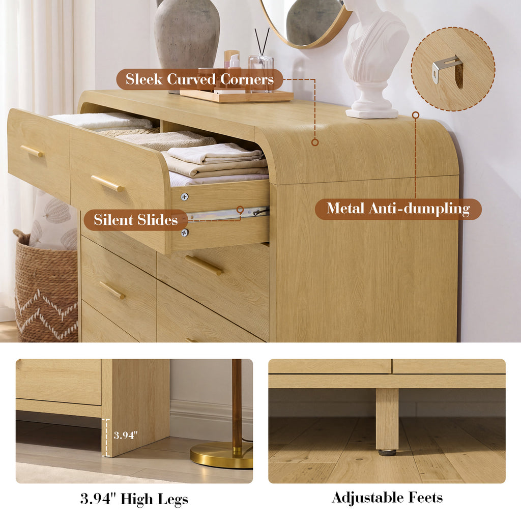 Vintagearth 5 Drawers Dresser for Bedroom, Curved 45.6" Tall FSC-certified Wood 1.18" Thick Board Dressers & Chests of Drawers for Living Room, Hallway, Entryway, Golden Oak