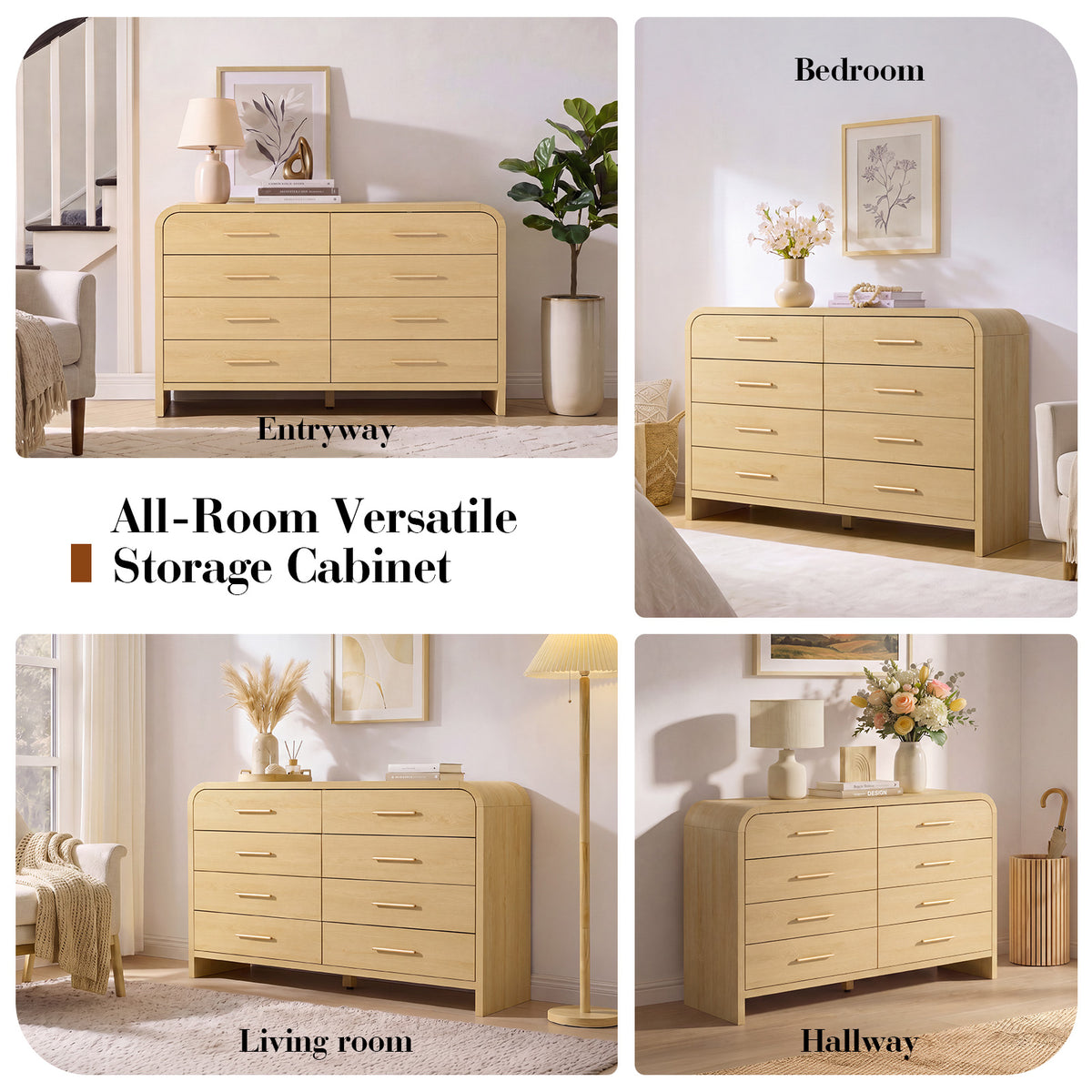 Vintagearth 8 Drawers Dresser for Bedroom, Curved FSC-certified Wood 1.18" Thick Board Dressers & Chests of Drawers for Living Room, Hallway, Entryway, Golden Oak