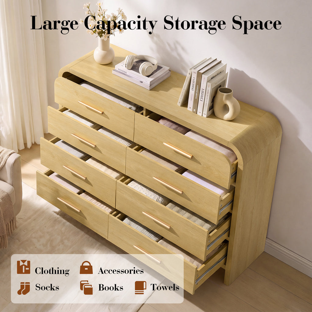 Vintagearth 8 Drawers Dresser for Bedroom, Curved FSC-certified Wood 1.18" Thick Board Dressers & Chests of Drawers for Living Room, Hallway, Entryway, Golden Oak