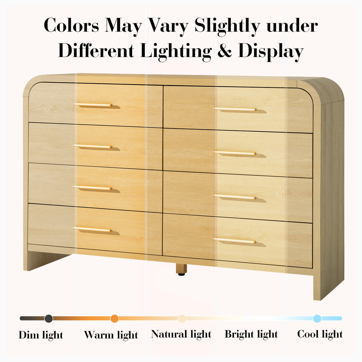 Vintagearth 8 Drawers Dresser for Bedroom, Curved FSC-certified Wood 1.18" Thick Board Dressers & Chests of Drawers for Living Room, Hallway, Entryway, Golden Oak