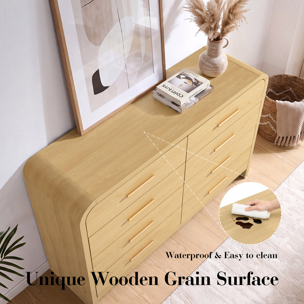 Vintagearth 8 Drawers Dresser for Bedroom, Curved FSC-certified Wood 1.18" Thick Board Dressers & Chests of Drawers for Living Room, Hallway, Entryway, Golden Oak