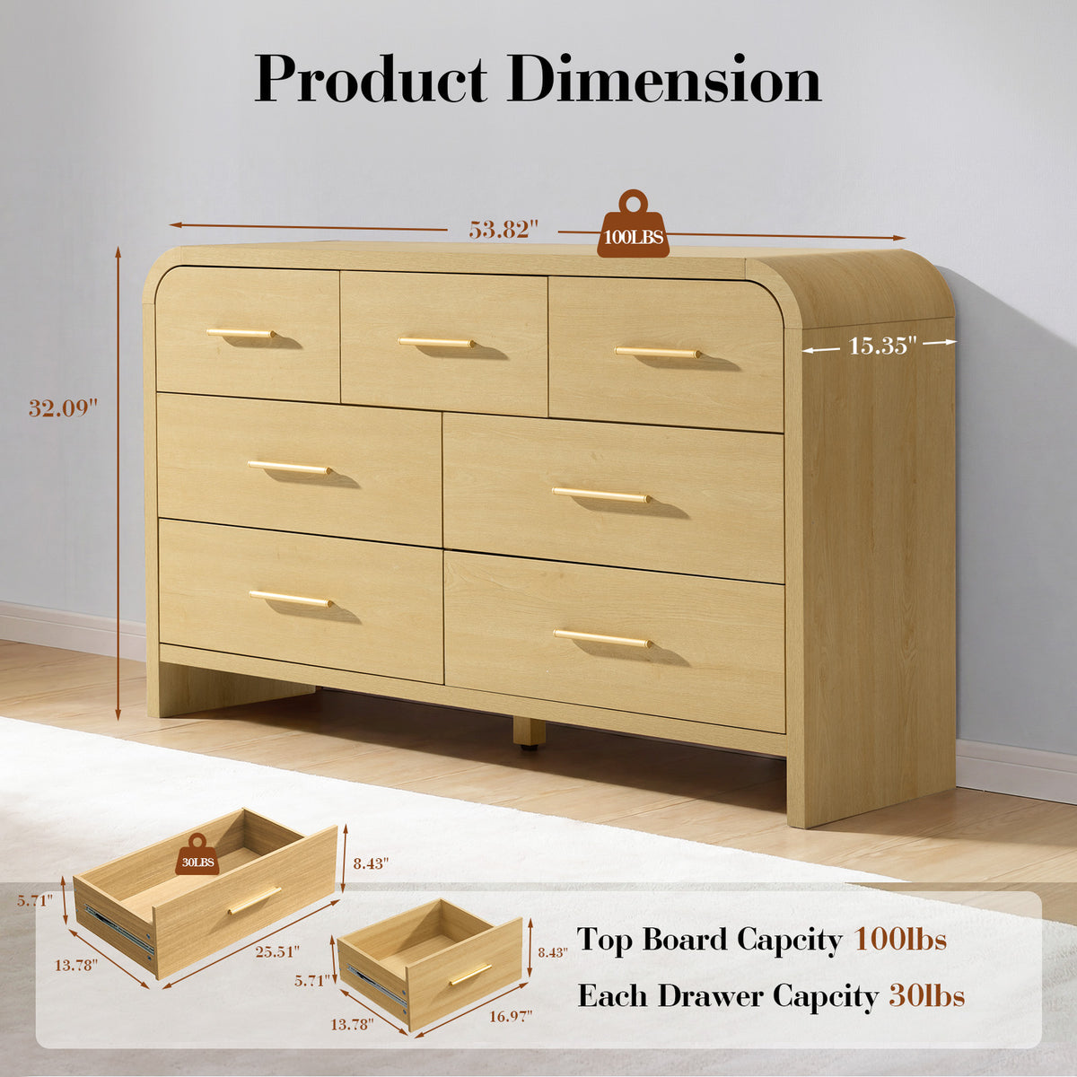 Vintagearth 7 Drawers Dresser for Bedroom, Curved FSC-certified Wood 1.18" Thick Board Dressers & Chests of Drawers for Living Room, Hallway, Entryway, Golden Oak