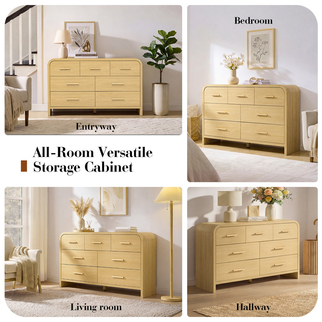 Vintagearth 7 Drawers Dresser for Bedroom, Curved FSC-certified Wood 1.18" Thick Board Dressers & Chests of Drawers for Living Room, Hallway, Entryway, Golden Oak