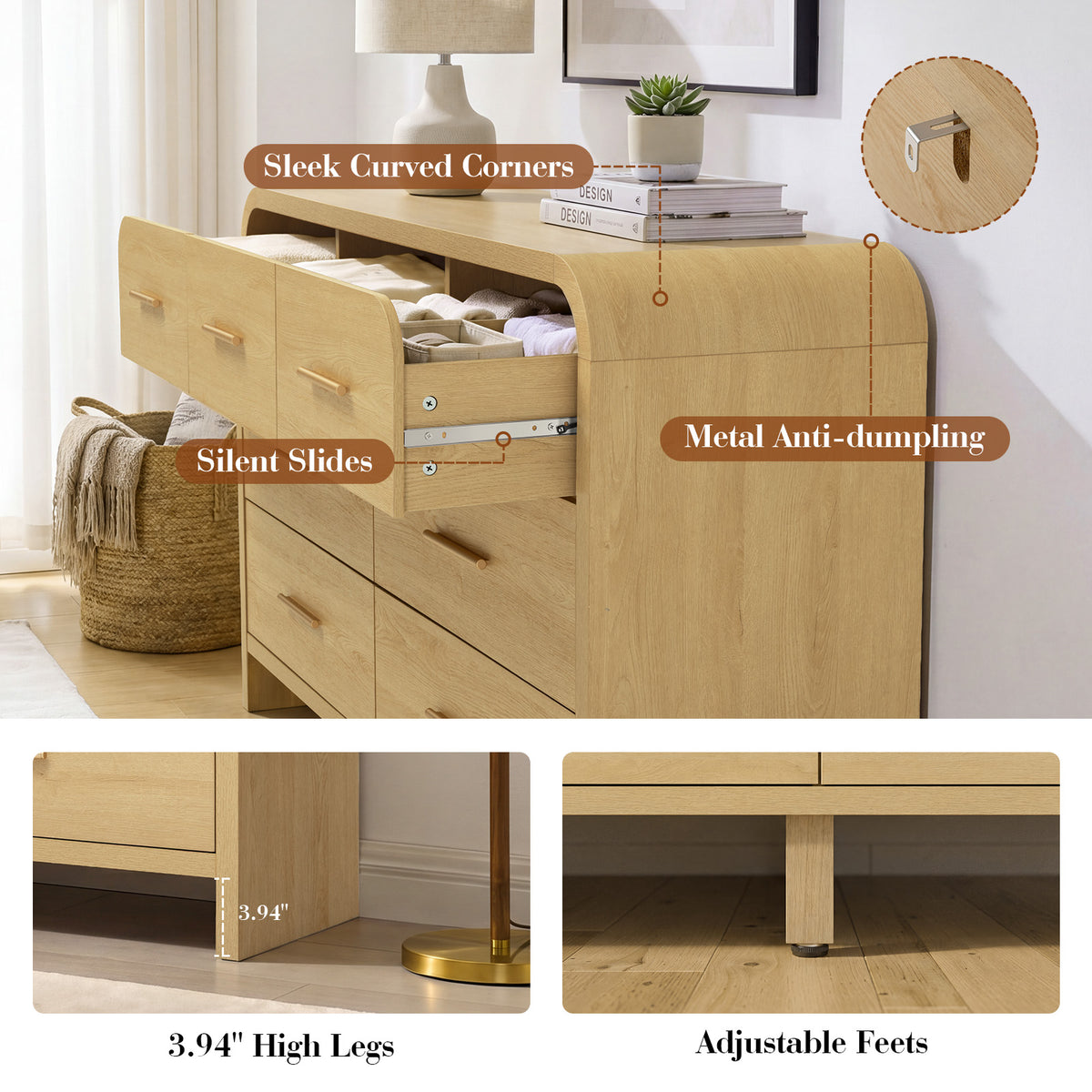 Vintagearth 7 Drawers Dresser for Bedroom, Curved FSC-certified Wood 1.18" Thick Board Dressers & Chests of Drawers for Living Room, Hallway, Entryway, Golden Oak