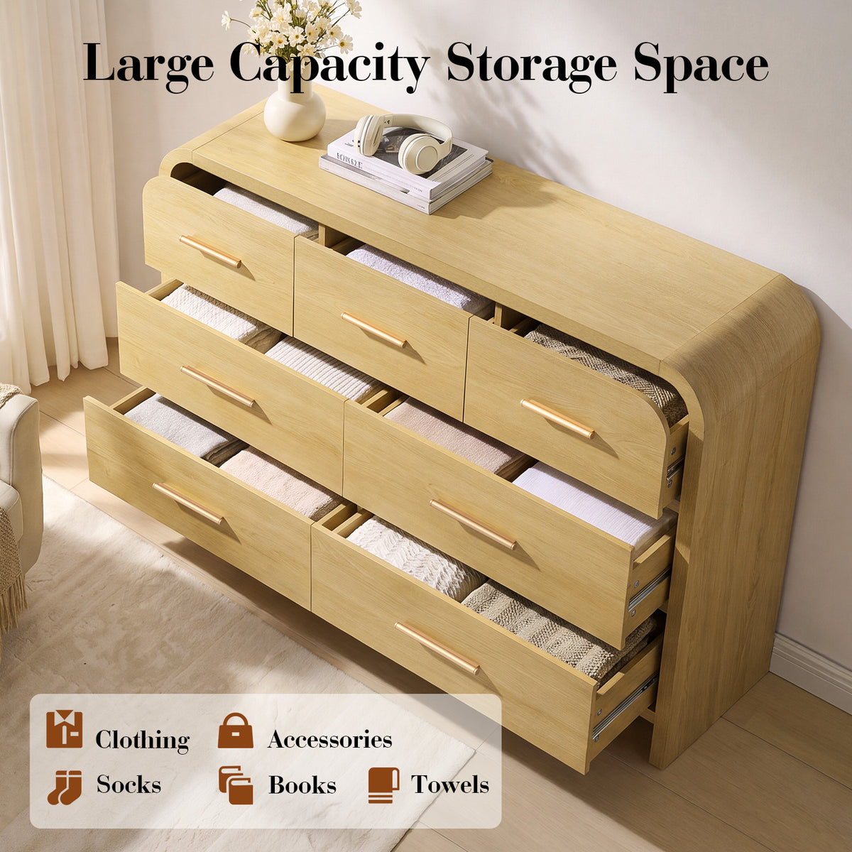 Vintagearth 7 Drawers Dresser for Bedroom, Curved FSC-certified Wood 1.18" Thick Board Dressers & Chests of Drawers for Living Room, Hallway, Entryway, Golden Oak