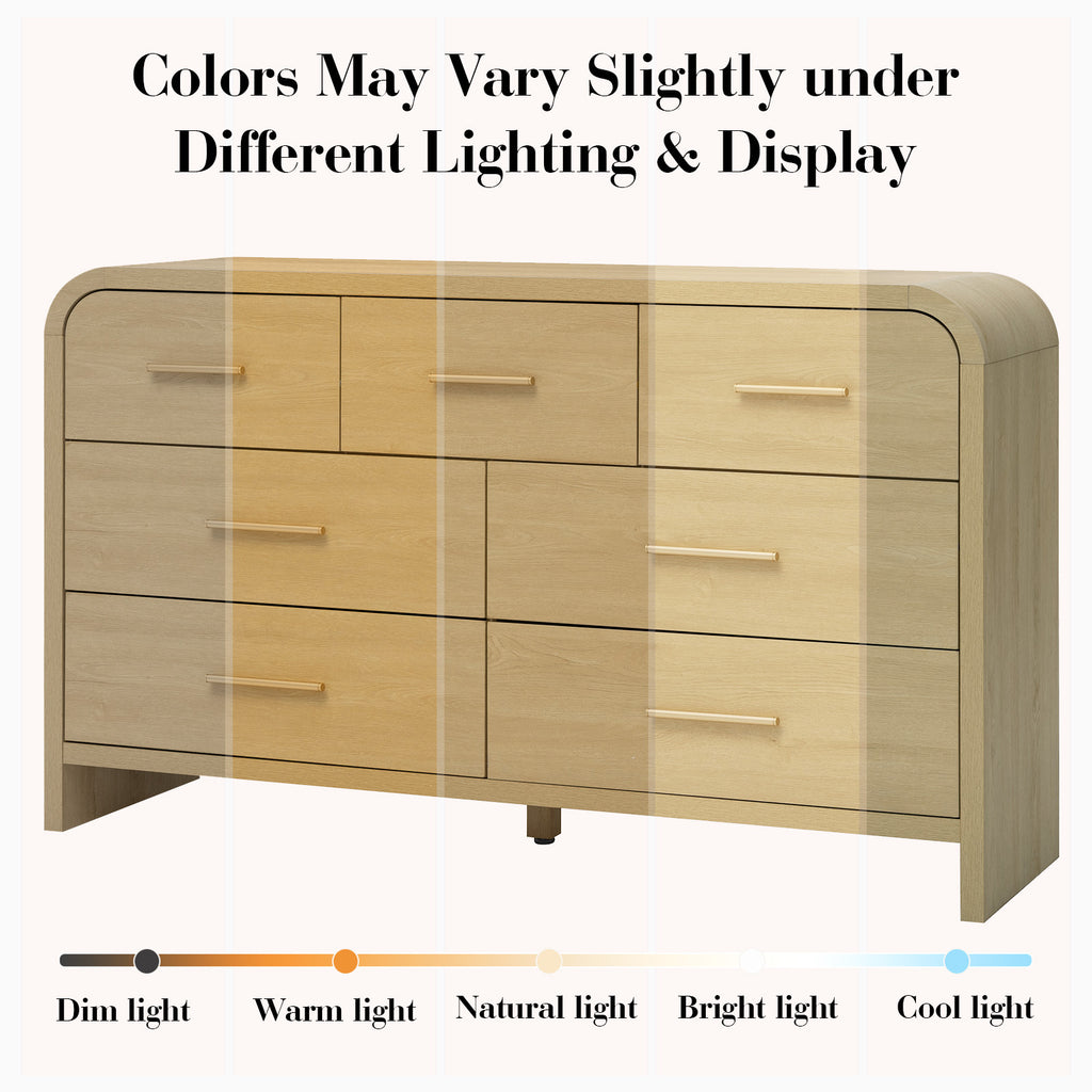 Vintagearth 7 Drawers Dresser for Bedroom, Curved FSC-certified Wood 1.18" Thick Board Dressers & Chests of Drawers for Living Room, Hallway, Entryway, Golden Oak