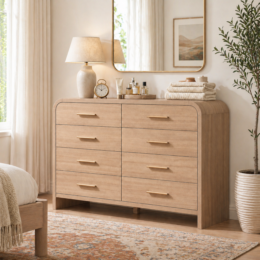 Vintagearth 8 Drawers Dresser for Bedroom, Curved FSC-certified Wood 1.18" Thick Board Dressers & Chests of Drawers for  Living Room, Hallway, Entryway, Oak