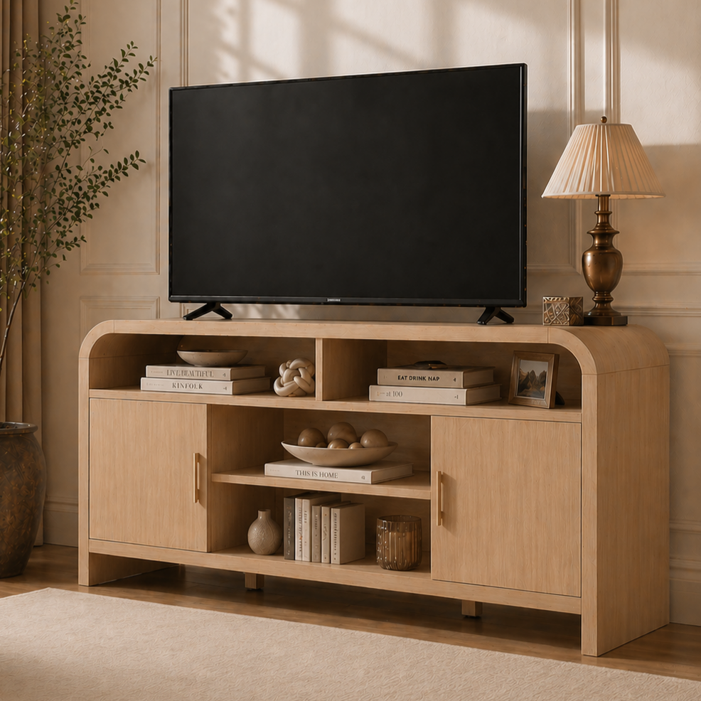 Vintagearth TV Stand with FSC-Certified 1.22" Thick Board, Storage Cabinets & Open Shelves, Curved Edge Entertainment Center for TVs up to 65", Oak