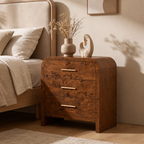 Vintagearth Nightstand 26.7" Tall Modern Curved Bedside Table, FSC-Certified Wood End Table, 3 Drawer Storage, Dark Burl