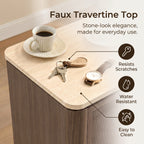 Vintagearth Nightstand 23.11" W Rattan Faux Marble Top Bedside Table, FSC-Certified 1.97" Thick Wood End Table, 1 Drawer & 1 Open Storage Shelf, Dark Oak