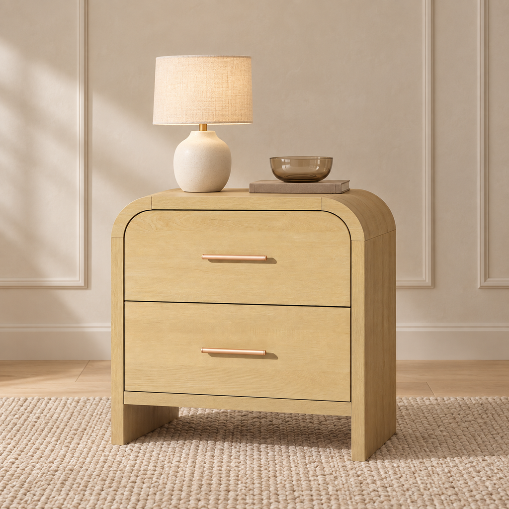 Vintagearth Nightstand 23.42" Wide Modern Curved Bedside Table, FSC-Certified Wood End Table, 2 Drawer Storage, Natural Oak