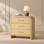 Vintagearth Nightstand 23.42" Wide Modern Curved Bedside Table, FSC-Certified Wood End Table, 3 Drawer Storage, Natural Oak