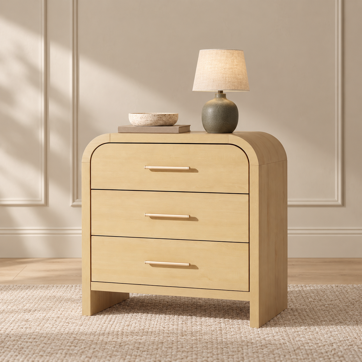 Vintagearth Nightstand 23.42" Wide Modern Curved Bedside Table, FSC-Certified Wood End Table, 3 Drawer Storage, Natural Oak