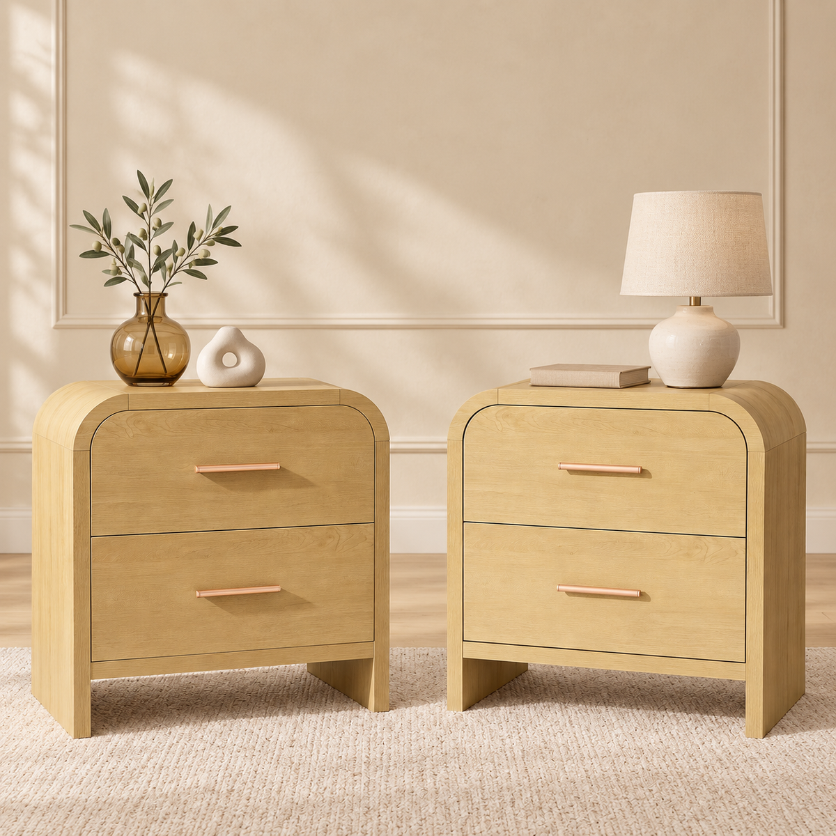 Vintagearth Nightstand Set of 2, 23.42" Wide Modern Curved Bedside Table, FSC-Certified Wood End Table, 2 Drawer Storage, Natural Oak