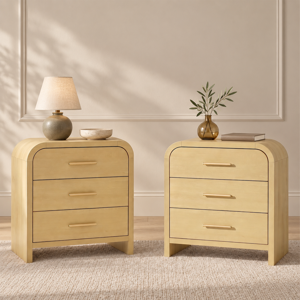 Vintagearth Nightstand Set of 2, 23.42" Wide Modern Curved Bedside Table, FSC-Certified Wood End Table, 3 Drawer Storage, Natural Oak