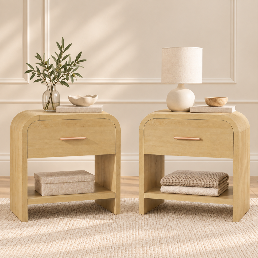 Vintagearth Nightstand Set of 2, 23.42" Wide Modern Curved Bedside Table, FSC-Certified Wood End Table, 1 Drawer & 1 Open Storage Shelf, Natural Oak