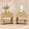 Vintagearth Nightstand Set of 2, 23.42" Wide Modern Curved Bedside Table, FSC-Certified Wood End Table, 1 Drawer & 1 Open Storage Shelf, Natural Oak