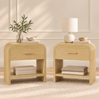 Vintagearth Nightstand Set of 2, 23.42" Wide Modern Curved Bedside Table, FSC-Certified Wood End Table, 1 Drawer & 1 Open Storage Shelf, Natural Oak