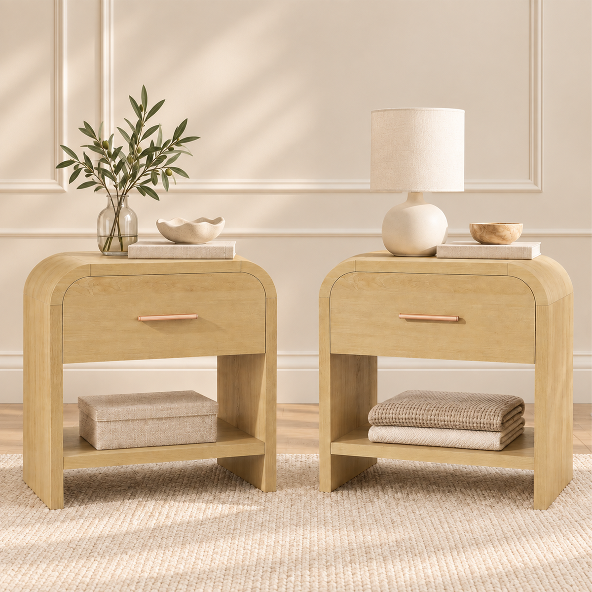 Vintagearth Nightstand Set of 2, 23.42" Wide Modern Curved Bedside Table, FSC-Certified Wood End Table, 1 Drawer & 1 Open Storage Shelf, Natural Oak