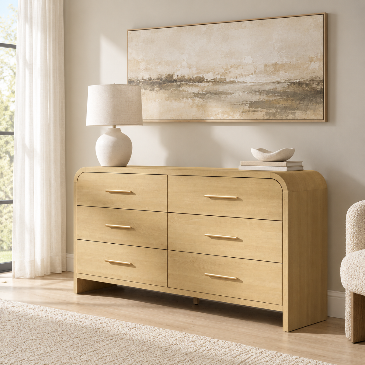 Vintagearth 6 Drawer Dresser for Bedroom, 54" Wide Storage Cabinet with Thick FSC-Certified Wood, Curved Edge Design, Large Capacity, Golden Oak