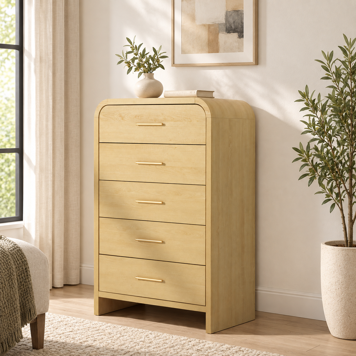 Vintagearth 5 Drawers Dresser for Bedroom, Curved 45.6" Tall FSC-certified Wood 1.18" Thick Board Dressers & Chests of Drawers for Living Room, Hallway, Entryway, Golden Oak