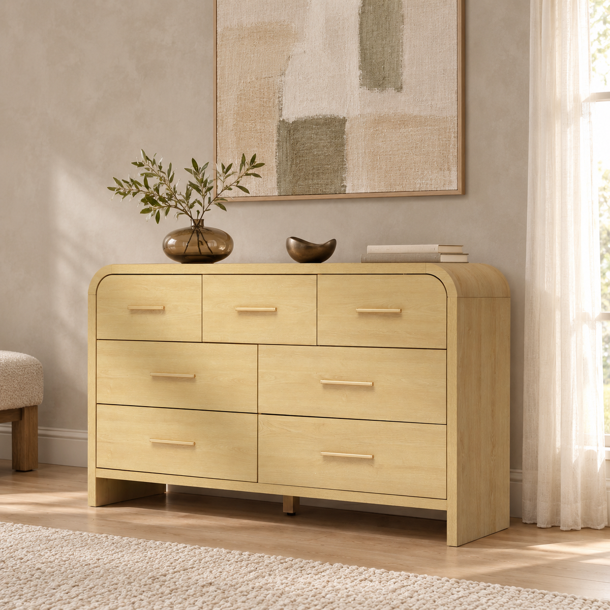 Vintagearth 7 Drawers Dresser for Bedroom, Curved FSC-certified Wood 1.18" Thick Board Dressers & Chests of Drawers for Living Room, Hallway, Entryway, Golden Oak