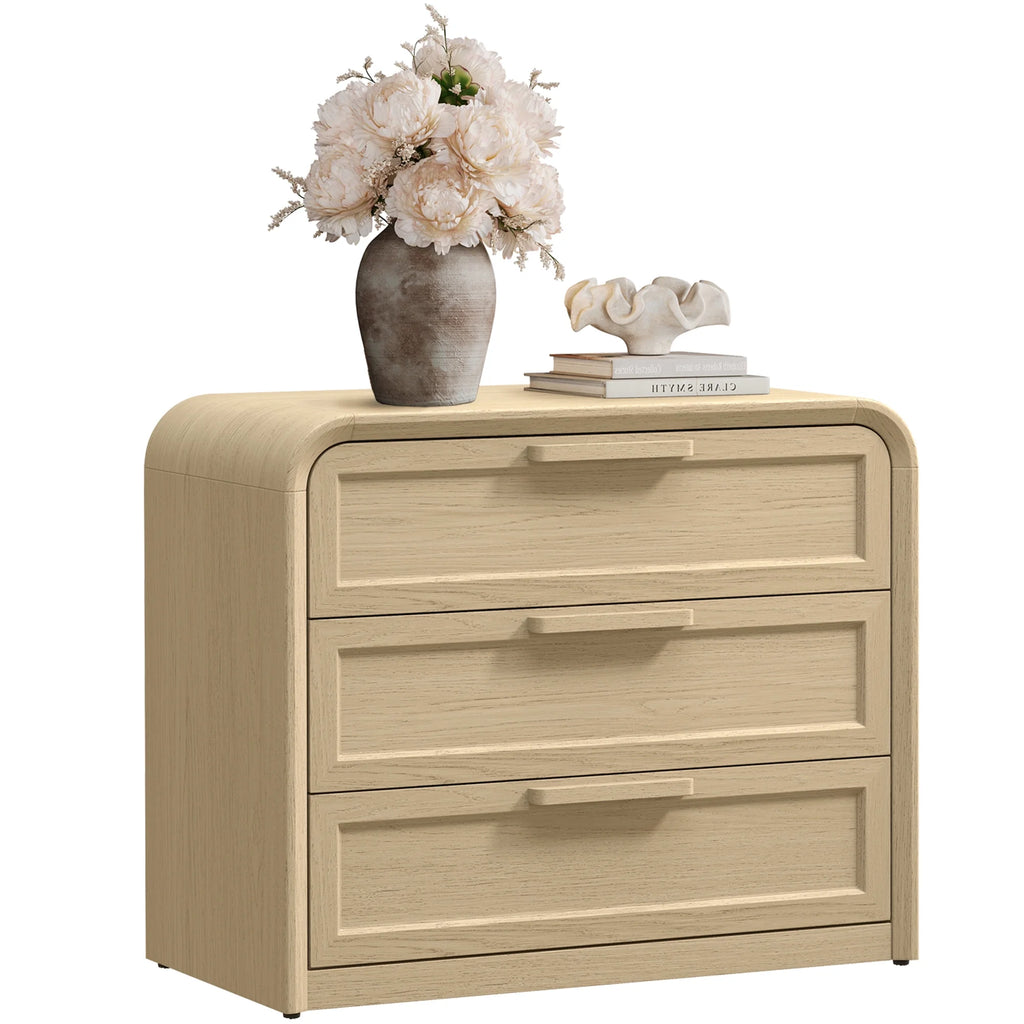 Vintagearth 30"W Nightstand, Curved FSC-certified 1.18" Thick Bedside Table, Mid‑Century End Table for Bedroom Living Room, 3 Drawers, Light Oak