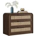 Vintagearth 30"W Nightstand, Curved FSC-certified 1.18" Thick Bedside Table, Mid‑Century Rattan End Table for Bedroom Living Room, 3 Drawers, Dark Oak