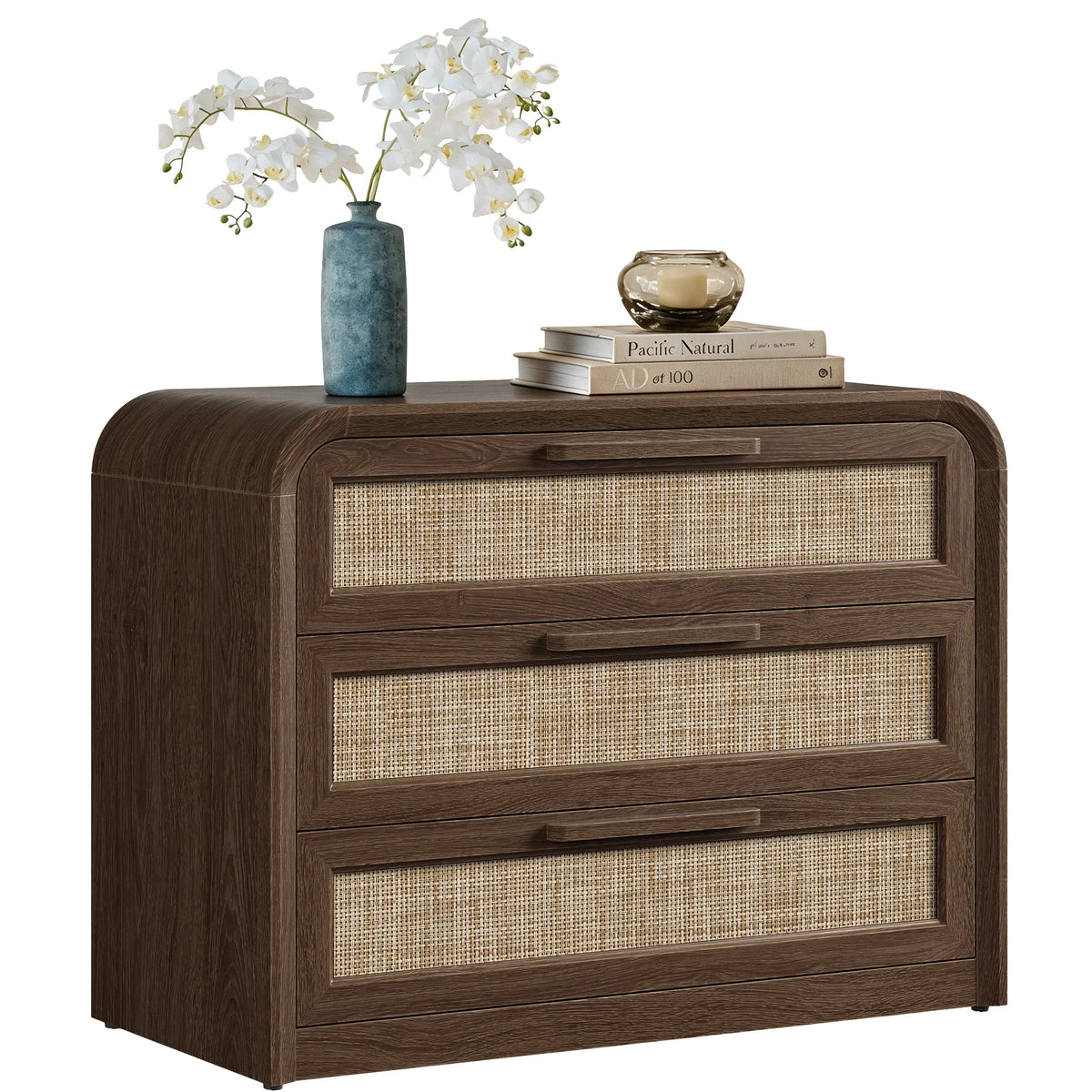 Vintagearth 30"W Nightstand, Curved FSC-certified 1.18" Thick Bedside Table, Mid‑Century Rattan End Table for Bedroom Living Room, 3 Drawers, Dark Oak