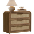 Vintagearth 30"W Nightstand, Curved FSC-certified 1.18“ Thick Bedside Table, Mid‑Century Rattan End Table for Bedroom Living Room, 3 Drawers, Natural Oak