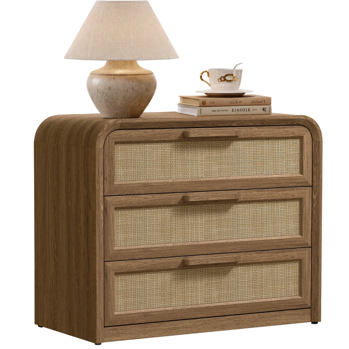 Vintagearth 30"W Nightstand, Curved FSC-certified 1.18“ Thick Bedside Table, Mid‑Century Rattan End Table for Bedroom Living Room, 3 Drawers, Natural Oak