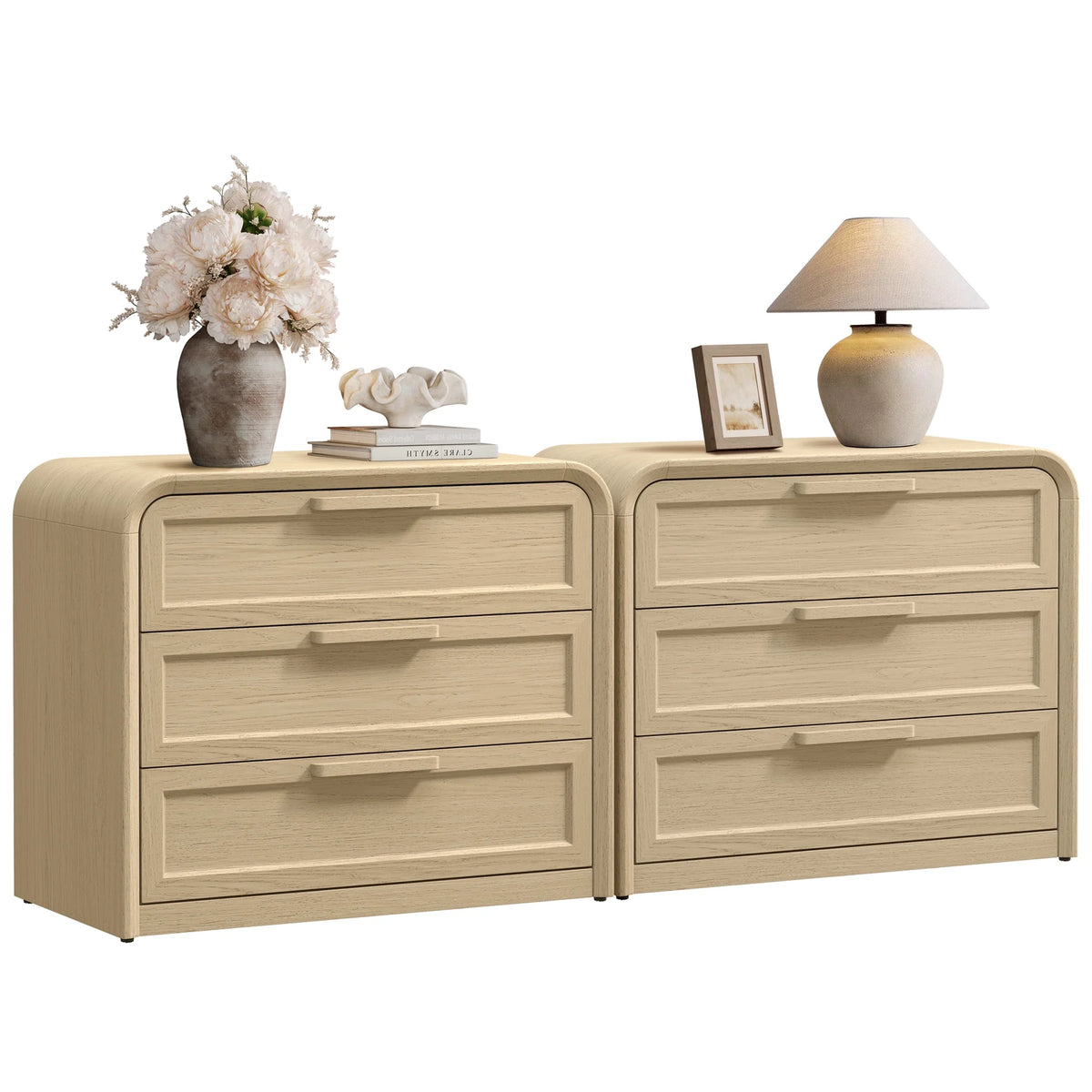 Vintagearth 30"W Nightstand Set of 2, Curved FSC-certified 1.18" Thick Bedside Table, Mid‑Century End Table for Bedroom Living Room, 3 Drawers, Light Oak