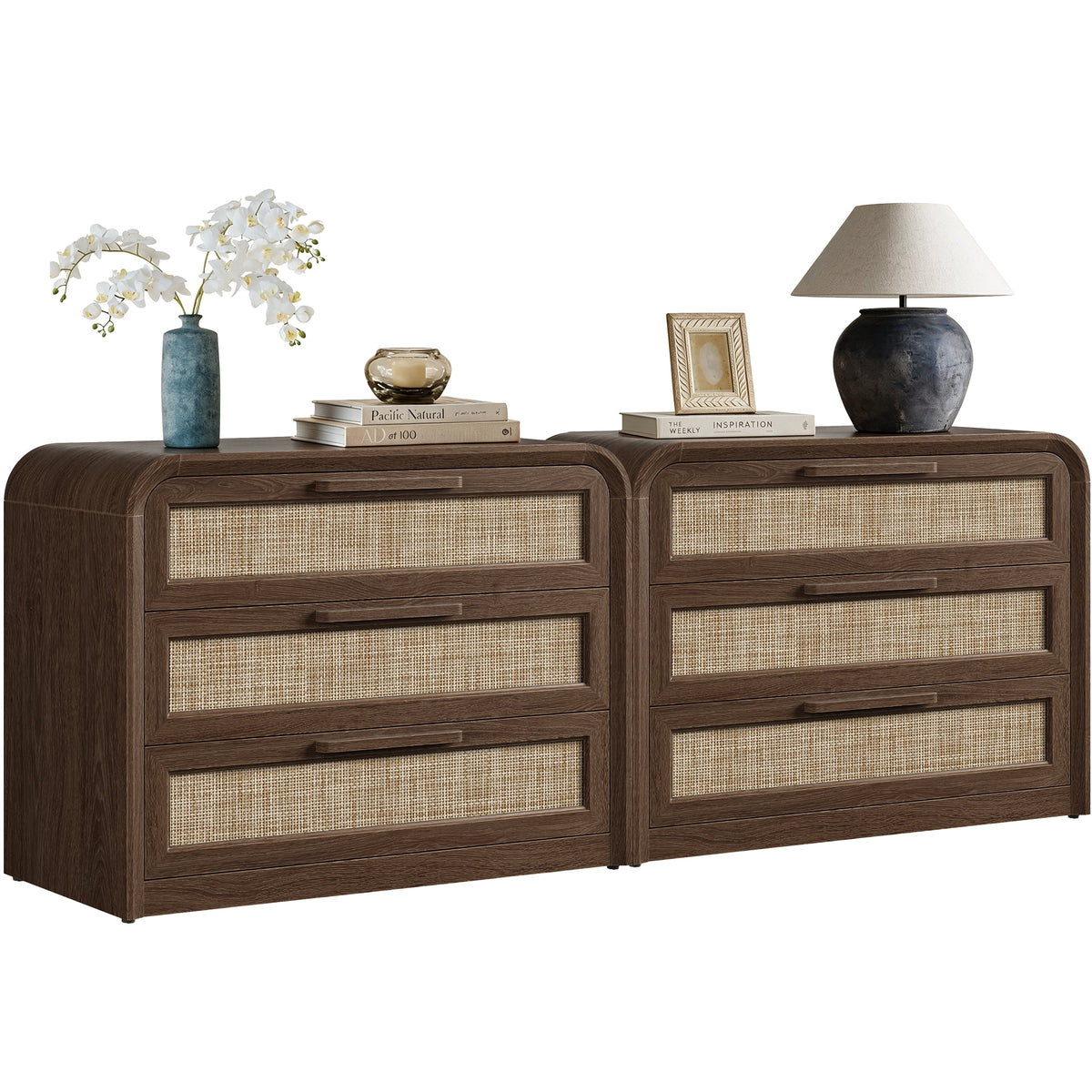 Vintagearth 30"W Nightstand Set of 2, Curved FSC-certified 1.18" Thick Bedside Table, Mid‑Century Rattan End Table for Bedroom Living Room, 3 Drawers, Dark Oak