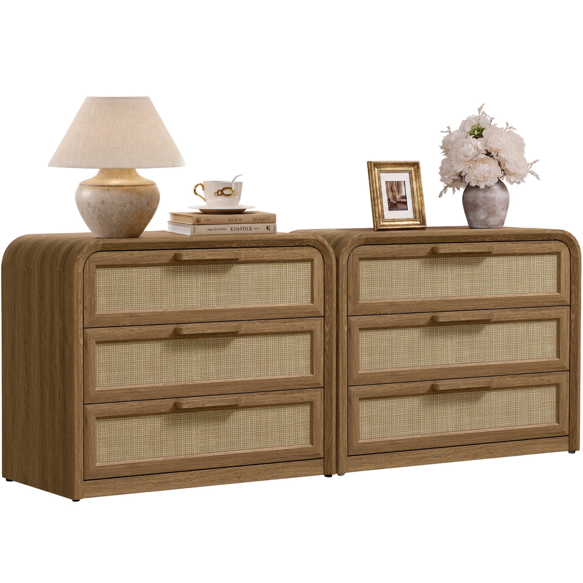 Vintagearth 30"W Nightstand Set of 2, Curved FSC-certified 1.18“ Thick Bedside Table, Mid‑Century Rattan End Table for Bedroom Living Room, 3 Drawers, Natural Oak