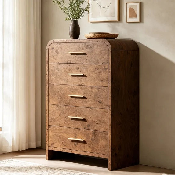 Vintagearth 5 Drawers Dresser for Bedroom, Curved 45.6" Tall FSC-certified Wood 1.18" Thick Board Dressers & Chests of Drawers for Living Room, Hallway, Entryway, Dark Burl