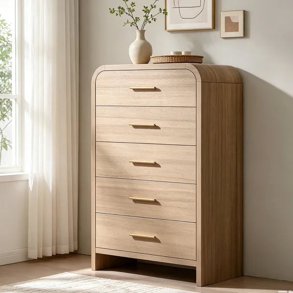 Vintagearth 5 Drawers Dresser for Bedroom, Curved 45.6" Tall FSC-certified Wood 1.18" Thick Board Dressers & Chests of Drawers for Living Room, Hallway, Entryway, Oak