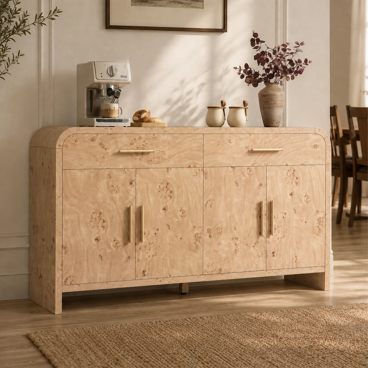 Vintagearth 59.7" Sideboard Buffet Cabinet with 4 Doors & 2 Drawers, Modern Storage Cabinet with Adjustable Shelves, 1.18" Thick FSC-Certified Wood for Dining Room, Living Room, Entryway, Light Burl