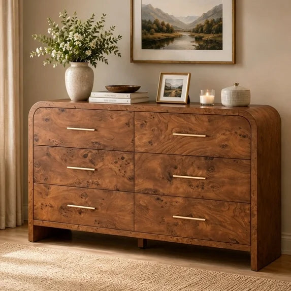 Vintagearth 6 Drawer Dresser for Bedroom, 54" Wide Storage Cabinet with Thick FSC-Certified Wood, Curved Edge Design, Large Capacity, Dark Burl