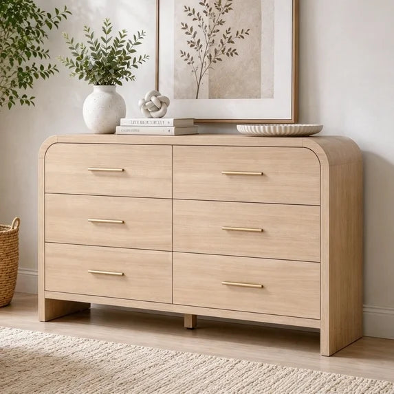 Vintagearth 6 Drawer Dresser for Bedroom, 54" Wide Storage Cabinet with Thick FSC-Certified Wood, Curved Edge Design, Large Capacity, Oak