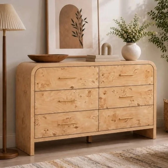 Vintagearth 6 Drawer Dresser for Bedroom, Curved 1.18" Thick FSC Certified Wood, Light Bur
