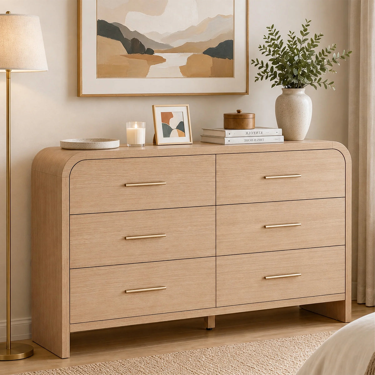 Vintagearth 6 Drawer Dresser for Bedroom, Curved 1.18" Thick FSC Certified Wood, Oak