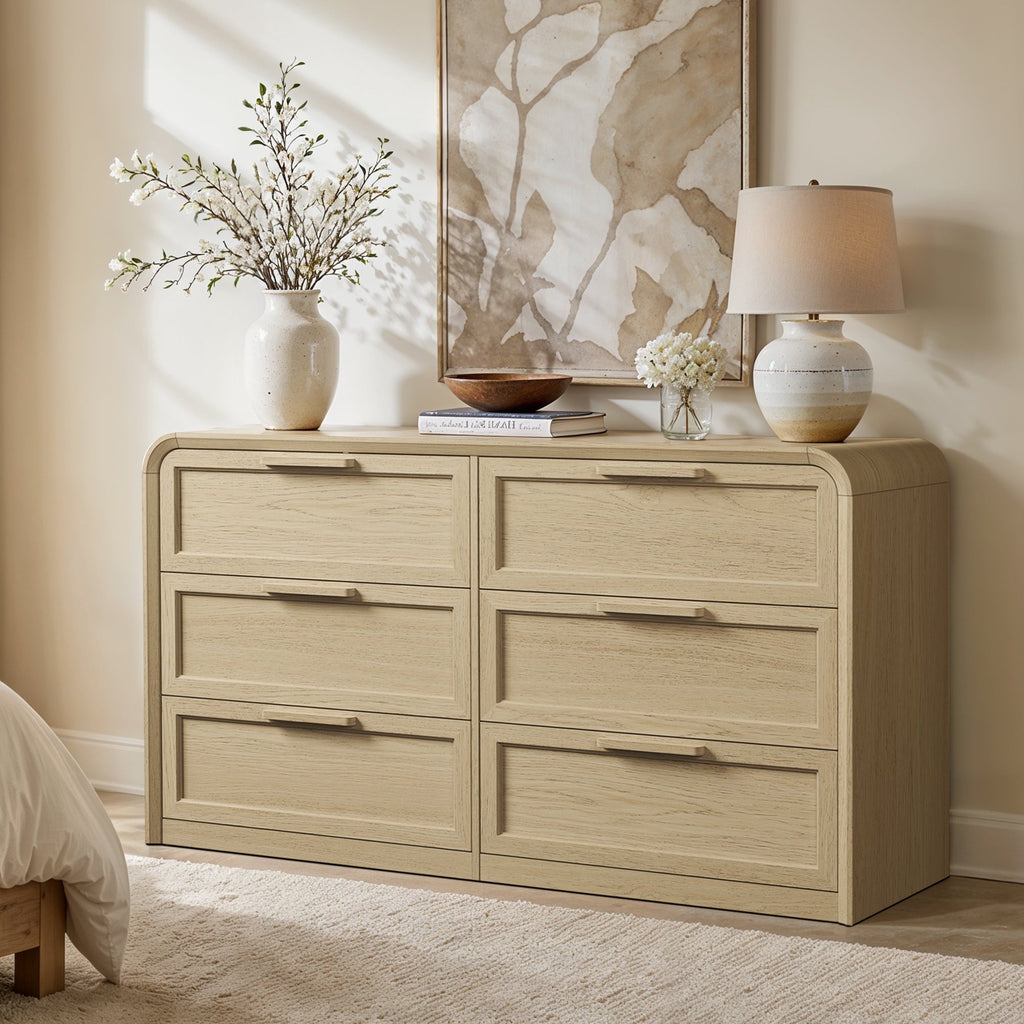 Vintagearth 6 Drawer Dresser for Bedroom, FSC‑Certified 1.18" Thick Wooden Curved Edge Chest of Drawers, Light Oak